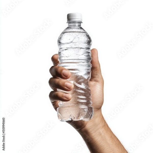 Obraz Hand Holding a Refreshing Bottle of Pure Water on White Background