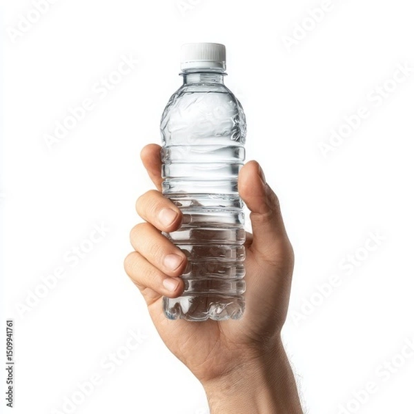 Obraz Hand Holding a Bottle of Refreshing Pure Water on White Background