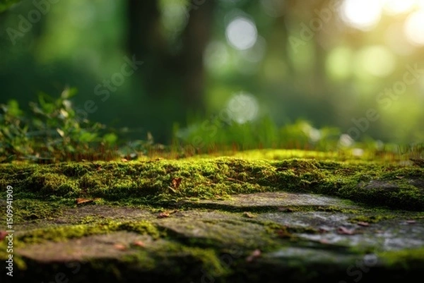 Obraz Lush Green Moss Covered Stone in a Tranquil Forest Setting Perfect Nature Background