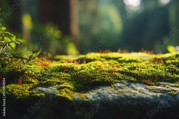 Obraz Lush Green Moss Growing on a Stone in a Forest Sunlight Illuminates the Vibrant Texture