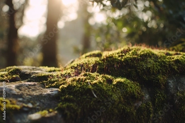 Obraz Lush Green Moss Covering a Stone in a Sunlit Forest A Close Up View of Nature s Beauty