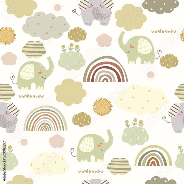Fototapeta Seamless pattern with cute hand drawn elephants, rainbows, clouds and sun. Vector illustration with animals and cartoon nature.