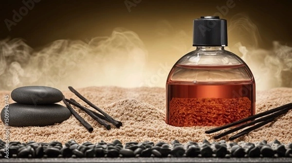 Obraz Reed diffuser with amber sandalwood oil and black cap, set on textured stone surface with polished pebbles and sandalwood sticks, warm golden light, soft shadows, elegant and earthy mood