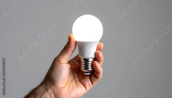 Fototapeta Human hand gently holds glowing LED light bulb against soft gray background