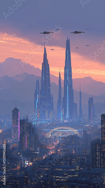 Fototapeta Futuristic cityscape at dusk with neon lights and drones flying