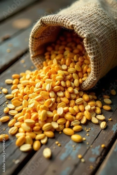 Fototapeta Golden Grains Overflowing from a Rustic Burlap Sack onto Weathered Wooden Planks