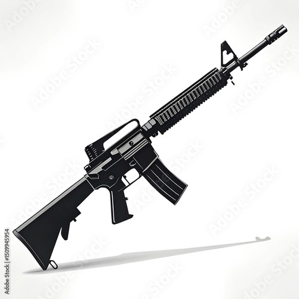 Obraz "Simple black silhouette of an M16-style rifle with bayonet attachment, minimal design on white."