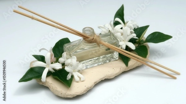 Obraz light jasmine diffuser on ivory stone tray, white jasmine flowers arranged gently, clear bottle and reed sticks styled elegantly, soft elegant composition for spa and aromatherapy ads