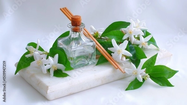 Obraz light jasmine diffuser on ivory stone tray, white jasmine flowers arranged gently, clear bottle and reed sticks styled elegantly, soft elegant composition for spa and aromatherapy ads