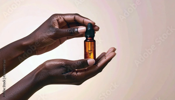 Fototapeta A Person holding small amber bottle with dropper, symbolizing skincare or beauty products. background is soft gradient