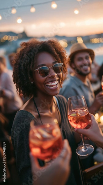 Fototapeta Friends toasting with cocktails on a rooftop bar during golden hour