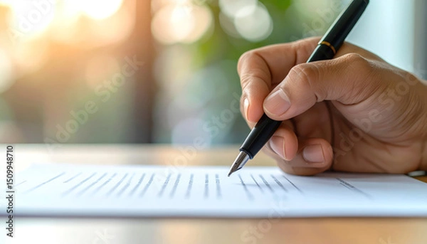 Fototapeta Hand holding pen above printed contract on table, sunlight in background