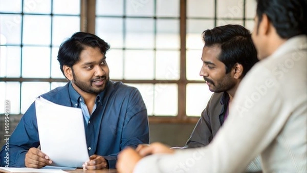 Obraz Indian Professionals Sharing Insights During Informal Desk Discussion	

