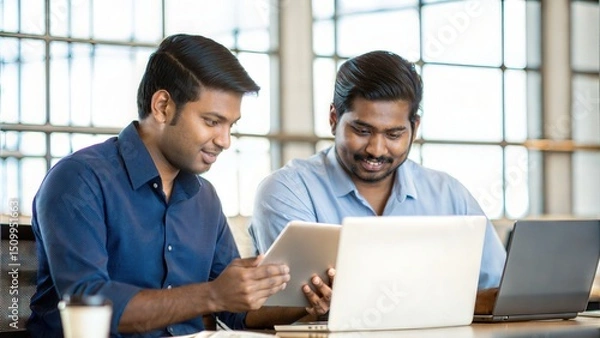 Obraz Friendly Indian Colleagues Using Tablets and Laptops in Stylish Office Setting	
