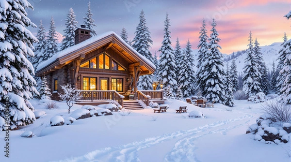 Fototapeta A Cozy wooden cabin glows warmly amidst snowy forest at sunset, surrounded by tall pine trees and serene winter landscape