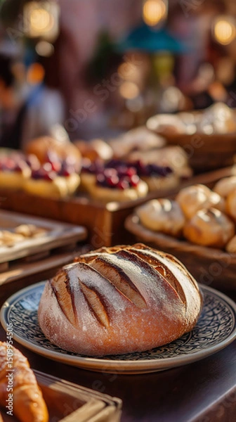 Fototapeta Artisanal Bread and Pastries on Rustic Bakery Counter
