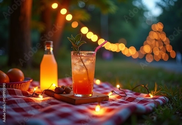 Obraz Vibrant Picnic with road during string lights