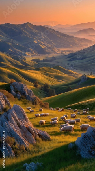Fototapeta A serene countryside scene with rolling hills and grazing sheep