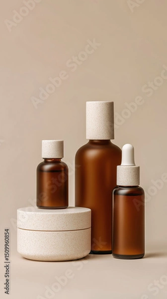 Fototapeta Minimalist Skin Care Routine Setup with Sleek Bottles on White Background