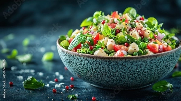 Fototapeta Vibrant salad creation with fresh basil tomatoes and mozzarella in rustic bowl closeup shot food photography
