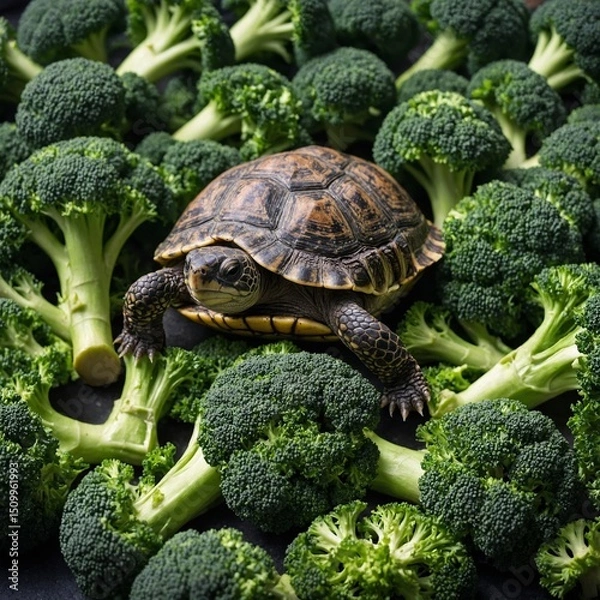 Fototapeta A small turtle crawling over a bunch of fresh broccoli florets on white.