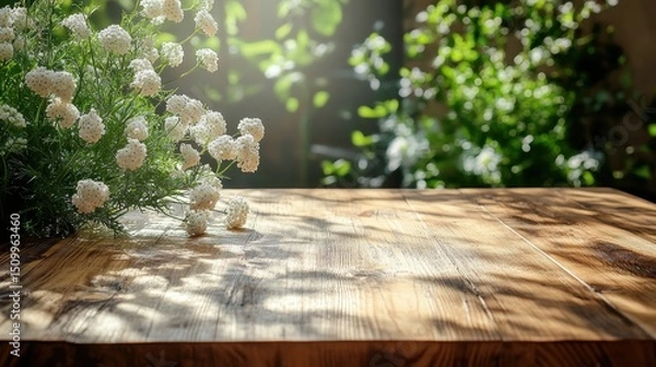 Fototapeta Rustic Wooden Table with Blooming White Flowers in Soft Morning Light for Product Mockups and Displays