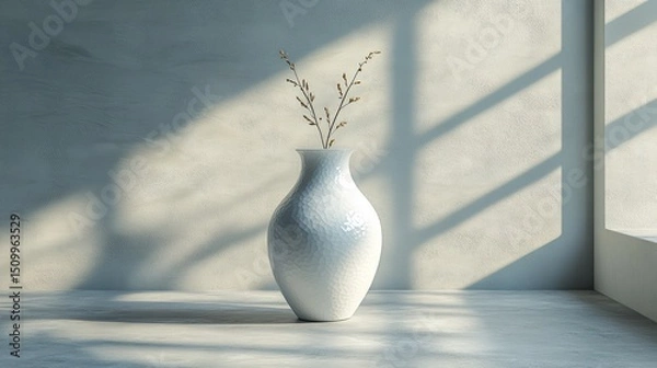 Fototapeta Serene still life with textured white vase holding delicate sprigs bathed in soft shadows and natural light casting minimalist aesthetic charm