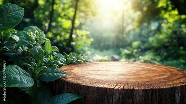 Fototapeta Forest Sunlight Through Trees Illuminating Wood Log Platform for Natural Beauty Product Display