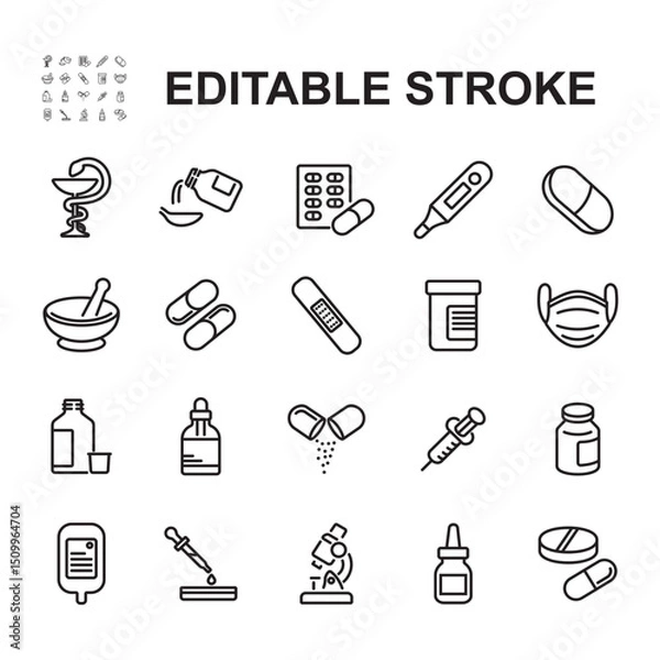 Fototapeta Pharmacy icon collection. Thin line style vector. Contains icons such as capsule medicine, infusion, injection and many more.