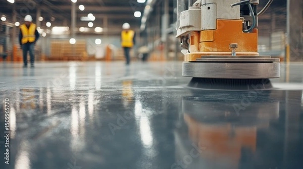 Obraz Floor polishing process industrial warehouse action shot clean environment low angle view efficiency and maintenance