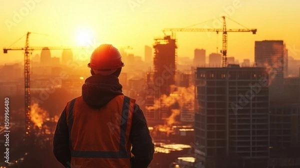 Obraz Construction worker overseeing urban development at sunset industrial site aerial perspective cityscape