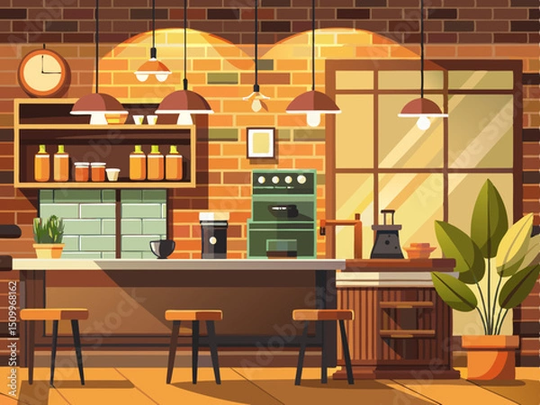 Fototapeta A warm vector illustration of a coffee shop interior with ambient lighting, brick wall, and counter, on a soft brown background