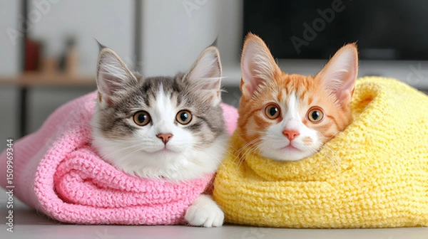 Fototapeta Two Adorable Kittens Wrapped in Pink and Yellow Blankets