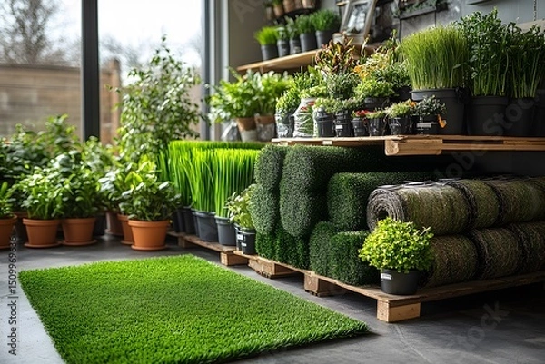 Obraz Garden Center Display of Lush Greenery and Artificial Grass for Landscaping and Decor