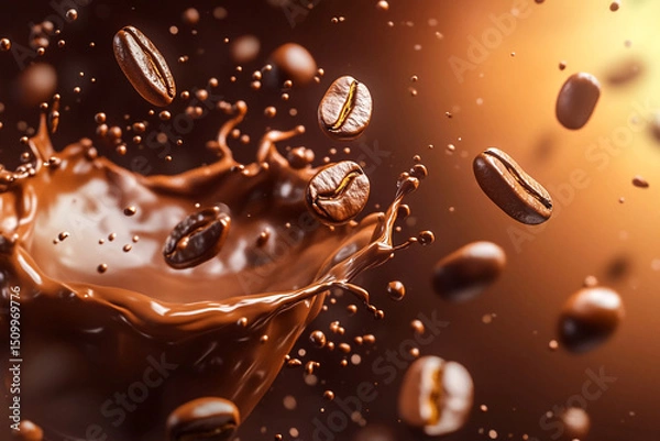 Fototapeta Coffee splash with roasted beans mid-air