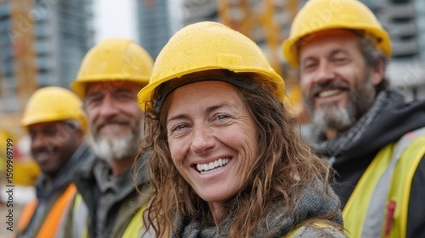 Obraz Construction team smiling together at urban site teamwork industry outdoor group portrait collaboration