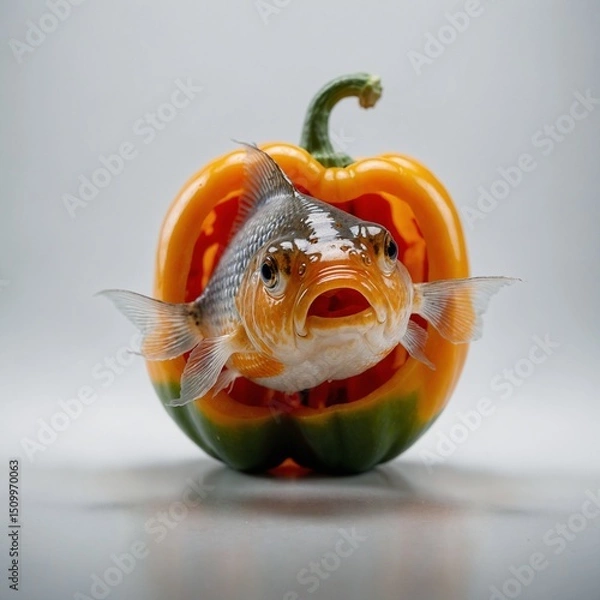 Fototapeta A goldfish swimming inside a hollowed-out bell pepper on a white background.