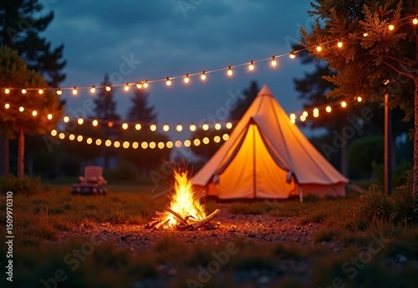 Obraz Energetic Campsite with celebration during string lights