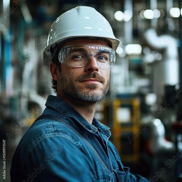 Obraz Industrial worker operating machinery factory setting portrait photography indoor environment close-up view safety compliance