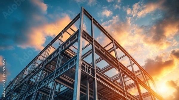 Obraz Construction progress at a steel framework site urban environment industrial photography sunset view