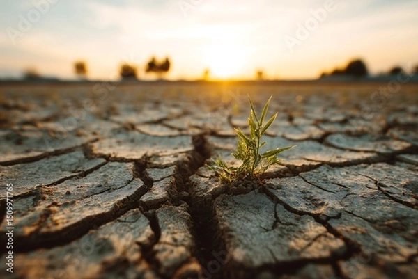 Obraz A tiny sprout pushing through cracked earth during a drought at sunset