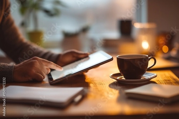 Obraz Person using a tablet at a wooden table with coffee