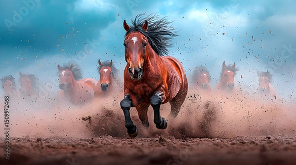 Fototapeta Herd of Brown Horses Running Through Dust Cloud Under a Vibrant Sky