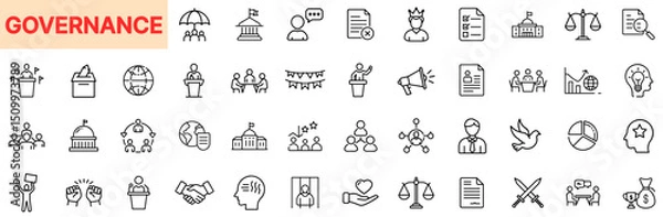 Fototapeta Governance and Public Administration Line Icon Design Featuring Government Buildings, Voting Icons, Legal Documents, Political Debates, Group Leadership, Civic Rights, Policy Charts, and Decision-Maki