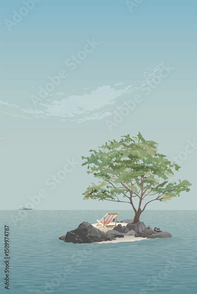 Obraz Beach chair on a deserted island in the middle of the ocean with blue sky vertical background illustrated have blank space. Vacation in summer concept.