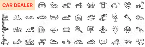 Fototapeta Car Dealer and Auto Sales Line Icon Design Featuring Vehicle Listings, Test Drives, Car Keys, Contracts, Price Tags, Car Lot Signs, Showroom Cars, Inspection Icons, Transport Options, and Automotive M