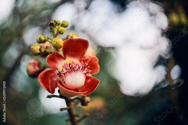 Fototapeta Close up of the red flower of a canon ball tree (Couroupita guianensis)