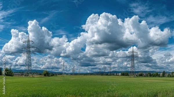 Obraz Power lines stretching across lush green fields under blue sky with dramatic clouds nature landscape photography
