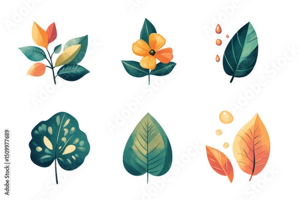 Fototapeta Six unique botanical elements isolated on transparent background