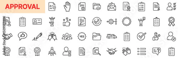 Obraz Approval and Authorization Line Icon Design Featuring Check Marks, Certificates, Verified Documents, Signatures, Stamps, Validation Badges, Consent Forms, Agreements, Endorsement Icons, and Positive